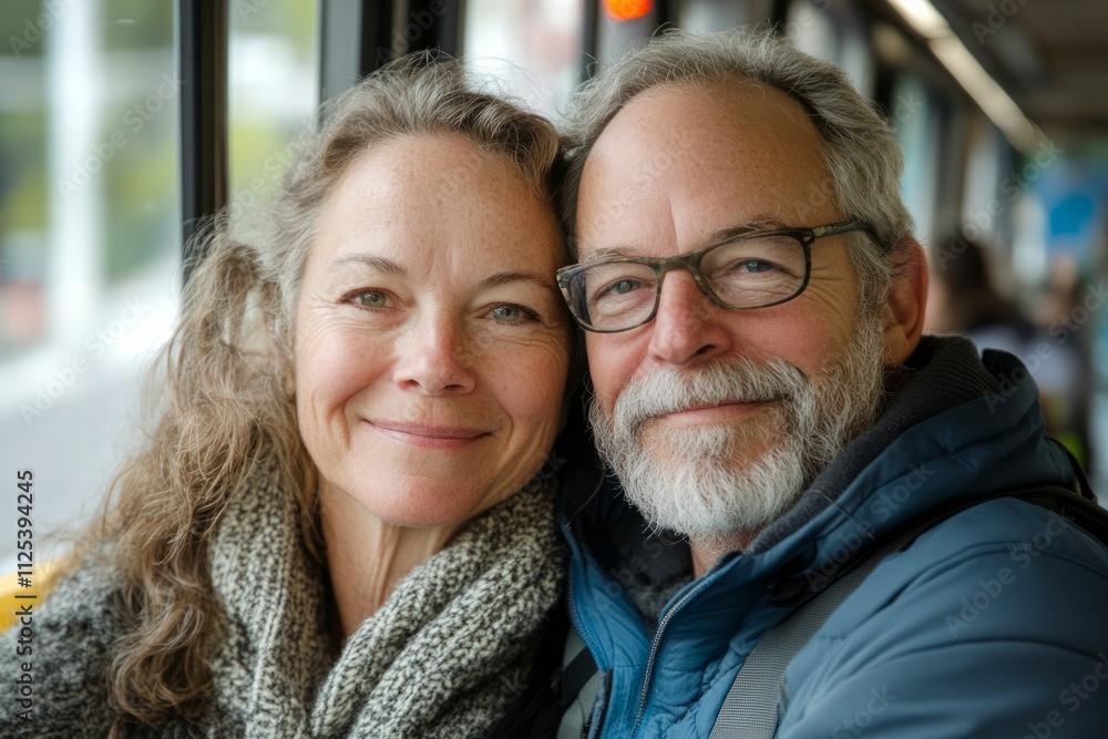 Smiling senior couple enjoying their commute on public transport, demonstrating sustainable and eco-friendly travel Smiling senior couple enjoying their commute on public transport, demonstrating sustainable and eco-friendly travel