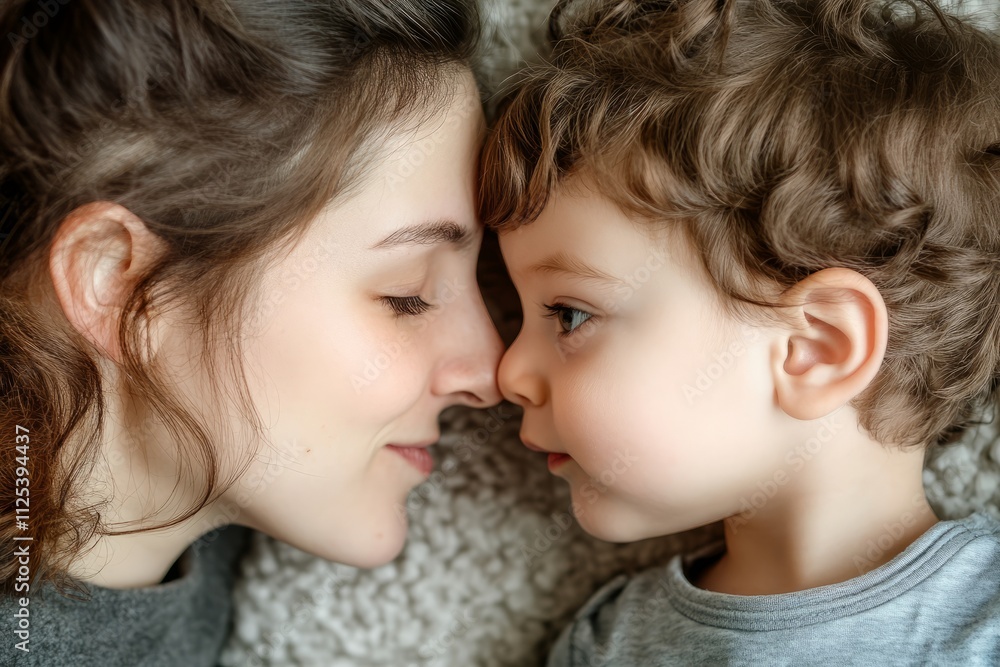 Young mother gently touches her little daughter with her nose. Concept of motherly love, parenthood.
Young mother gently touches her little daughter with her nose. Concept of motherly love, parenthood.