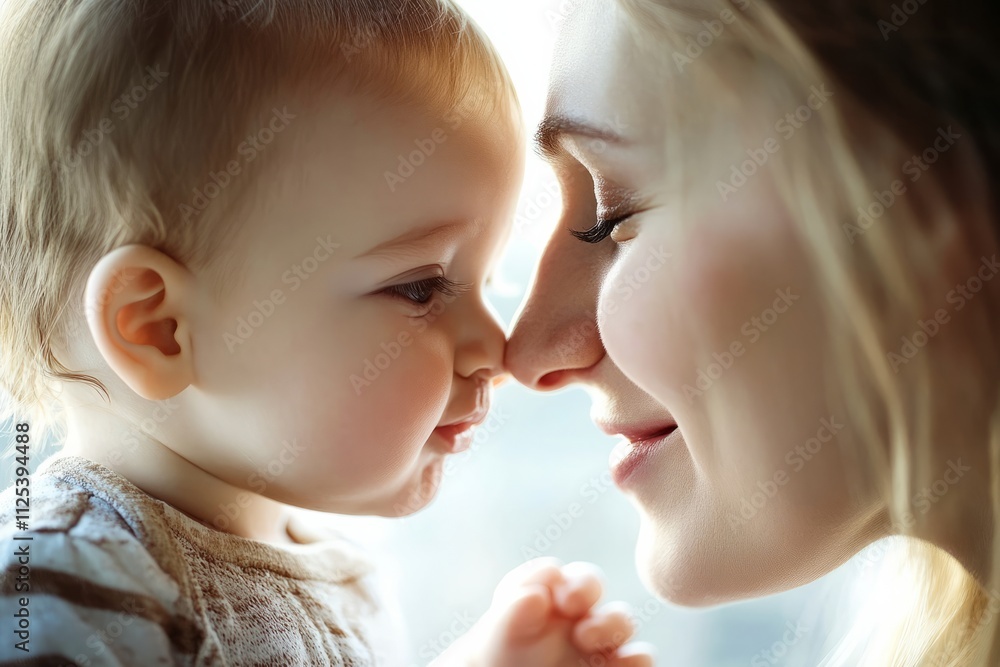 Young mother gently touches her little daughter with her nose. Concept of motherly love, parenthood.
Young mother gently touches her little daughter with her nose. Concept of motherly love, parenthood.