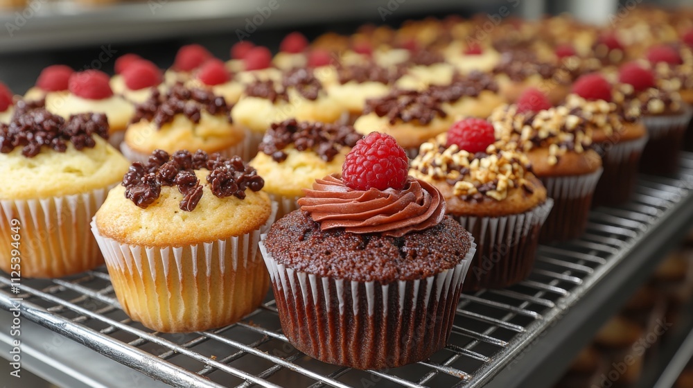 Cupcakes with diverse toppings sit neatly on wire racks in a bakery. The display features colorful options including chocolate, raspberry, and nuts, appealing to dessert lovers. Cupcakes with diverse toppings sit neatly on wire racks in a bakery. The display features colorful options including chocolate, raspberry, and nuts, appealing to dessert lovers.