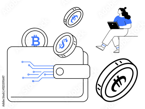 Digital wallet with cryptocurrency coins Bitcoin, Dollar, Monero . Person using laptop, connecting to digital assets. Ideal for fintech, digital currency, blockchain, online transactions, financial