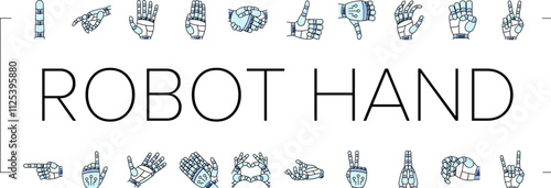 robot hand gesture ai digital icons set vector. future intelligence, technology holding, money artificial arm finger screen machine robot hand gesture ai digital color line illustrations