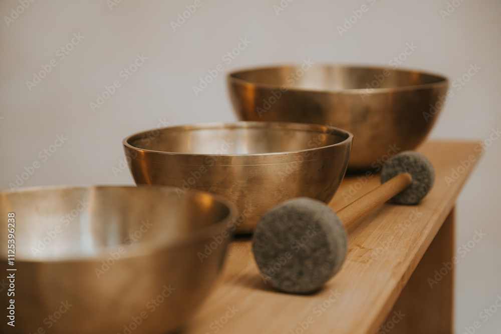 drei Klangschalen auf einer schlichten Holzbank in einem minimalistischen Raum drei Klangschalen auf einer schlichten Holzbank in einem minimalistischen Raum