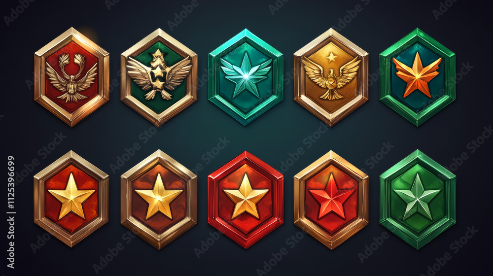Set of military game rank icons isolated on dark blue background. Hexagonal red and green metal medals decorated with shiny stars and wings. Level trophy badge. Vector illustration, ui design elements Set of military game rank icons isolated on dark blue background. Hexagonal red and green metal medals decorated with shiny stars and wings. Level trophy badge. Vector illustration, ui design elements