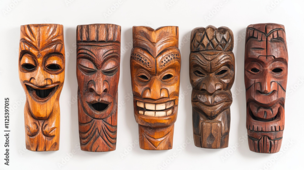 Cartoon set of totem tiki masks isolated on white background. Vector illustration of hawaiian traditional carved wooden accessory for magic ritual, home decoration for protection. Tribal culture Cartoon set of totem tiki masks isolated on white background. Vector illustration of hawaiian traditional carved wooden accessory for magic ritual, home decoration for protection. Tribal culture