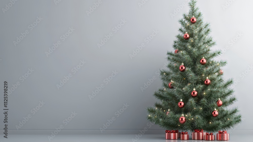 Image of christmas tree with baubles decoration and copy space on grey background. christmas wallpaper. Ultra realistic. Photorealistic Image of christmas tree with baubles decoration and copy space on grey background. christmas wallpaper. Ultra realistic. Photorealistic