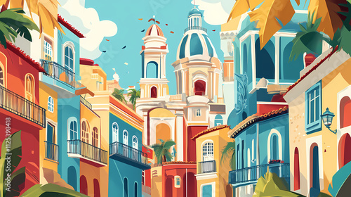 Flat illustration of olinda with baroque architecture and carnival spirit. Carnival. Illustration