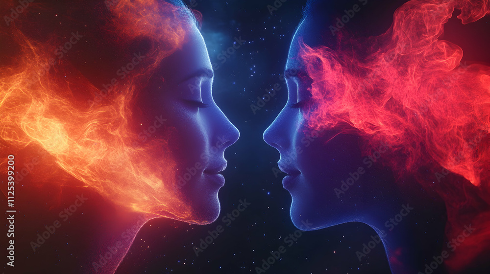 Two faces connected through cosmic energy, symbolizing unity, consciousness, and emotional connection in a vibrant universe Two faces connected through cosmic energy, symbolizing unity, consciousness, and emotional connection in a vibrant universe