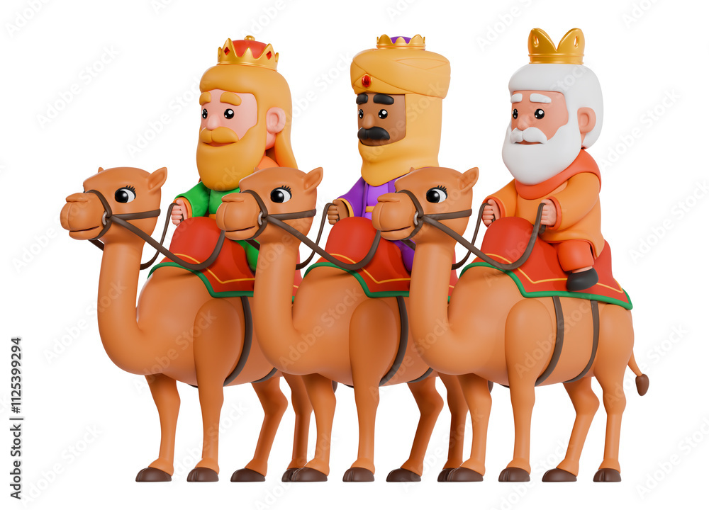Cute Three Kings riding camels, 3D rendered on a white background Cute Three Kings riding camels, 3D rendered on a white background