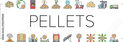 wood pellets timber plywood icons set vector. chip granule, energy fuel, tree panel, biomass pulp, alternative paper, cardboard wood pellets timber plywood color line illustrations