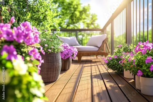 Modern terrace showcasing a stylish wooden deck and vibrant potted plants. 