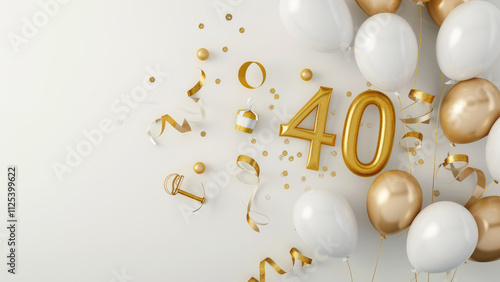 Elegant golden number 40 balloons with sparkling birthday decorations