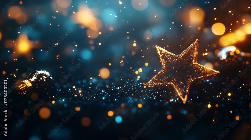 Stars and christmas ornaments shining in the night. christmas wallpaper. Ultra realistic. Photorealistic Stars and christmas ornaments shining in the night. christmas wallpaper. Ultra realistic. Photorealistic