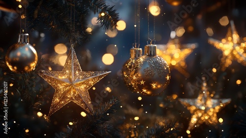 Stars and christmas ornaments shining in the night. christmas wallpaper. Ultra realistic. Photorealistic