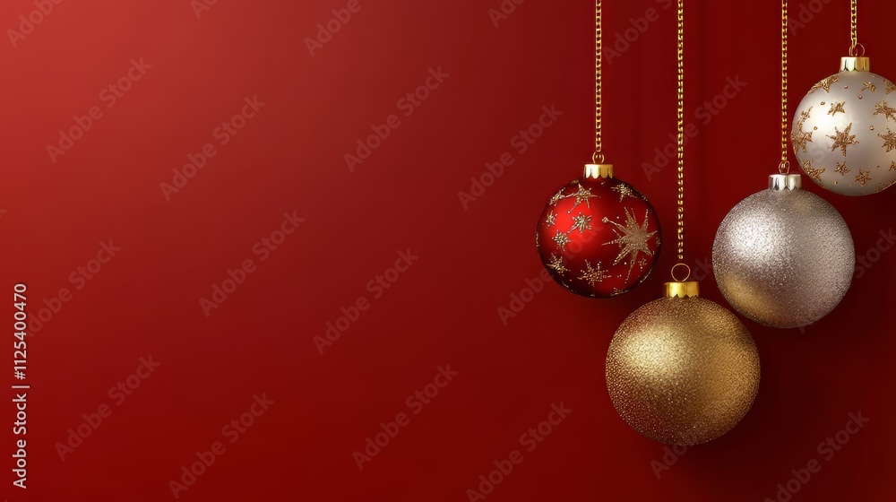 The wallpaper of the christmas festival in winter season consists of gold, red, and silver christmas ball and star ornament hung on red background. generative ai. christmas wallpaper. The wallpaper of the christmas festival in winter season consists of gold, red, and silver christmas ball and star ornament hung on red background. generative ai. christmas wallpaper.