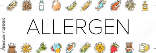 allergen product food free icons set vector. gluten organic, product gmo, label cosmetic, sugar allergy, cruelty allergen product food free color line illustrations