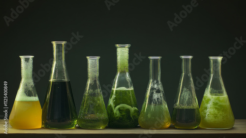 Chemistry measuring glass beakers filled with liquid from green to transparent color. Realistic set process of discoloration and purification in round laboratory flask. Science test tube and glassware photo