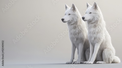 Two white wolf dogs sitting closely together on a gray background, showcasing their beautiful bond. wolf wallpaper. Ultra realistic. Photorealistic hypermaximalist hyper realistic fine detail