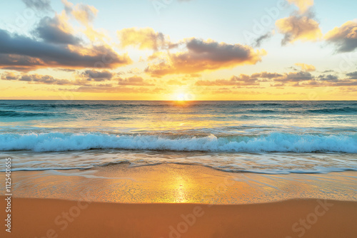 Beautiful Colorful Sunset Over the Sea, golden beach and evening sun, Vibrant and Serene Coastal Scene