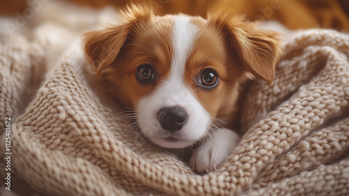 close up of an adorable puppy nestled in soft, knitted blanket. Its big brown eyes gaze trustingly at camera, evoking feelings of warmth and comfort. puppy brown and white fur contrasts beautifully photo