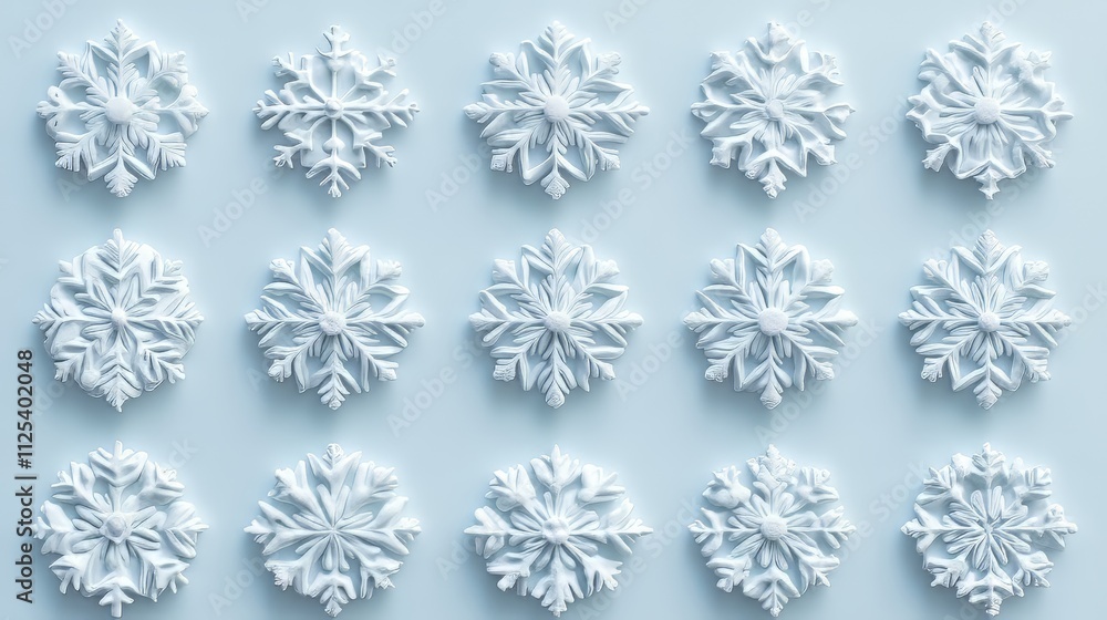 White snowflakes on a plain white or blue background, highlighting their unique symmetrical patterns. seamless pattern. seamless wallpaper. christmas wallpaper. Ultra realistic. Photorealistic White snowflakes on a plain white or blue background, highlighting their unique symmetrical patterns. seamless pattern. seamless wallpaper. christmas wallpaper. Ultra realistic. Photorealistic