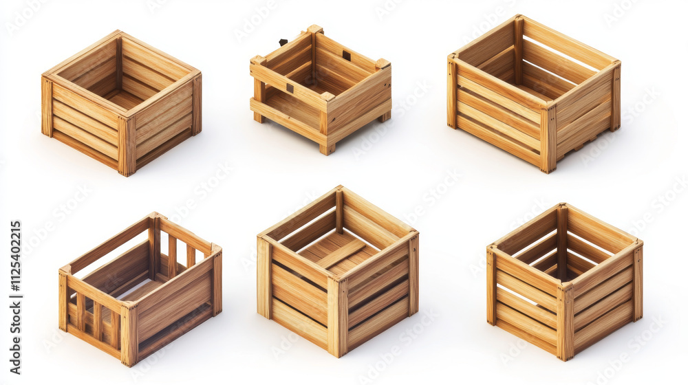 Wooden crates set isolated on white background. Vector realistic illustration of empty containers for storage of goods and harvest, natural packing and transportation trays, isometric and side view Wooden crates set isolated on white background. Vector realistic illustration of empty containers for storage of goods and harvest, natural packing and transportation trays, isometric and side view