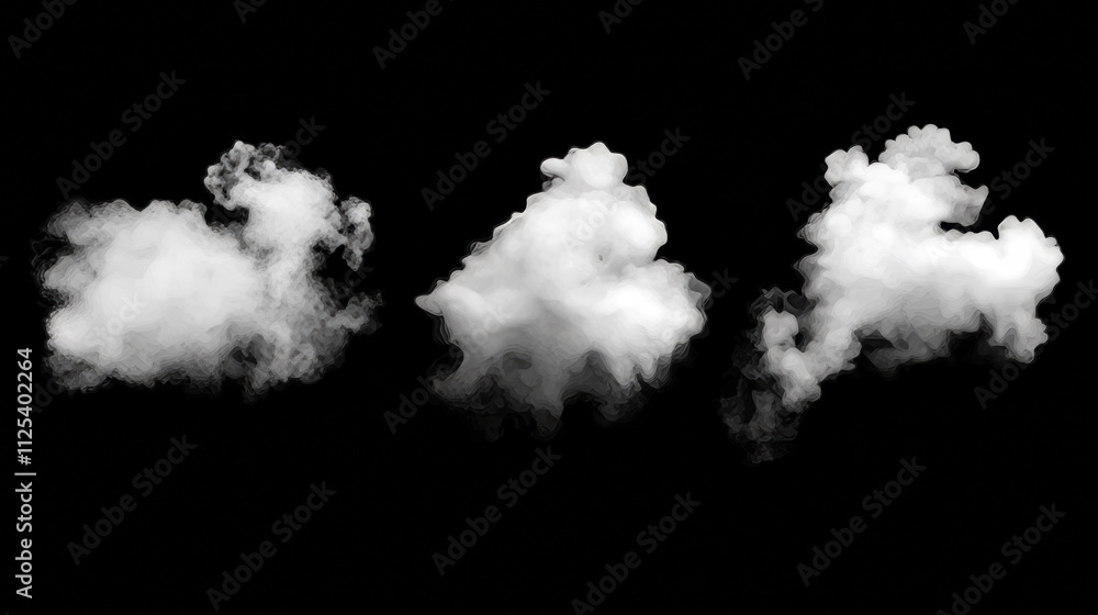 Smoke clouds set isolated on black background. Vector realistic illustration of abstract steam effect, hot dish or drink vapor, white fog or mist swirls, light smoky haze, hookah or cigarette trail Smoke clouds set isolated on black background. Vector realistic illustration of abstract steam effect, hot dish or drink vapor, white fog or mist swirls, light smoky haze, hookah or cigarette trail