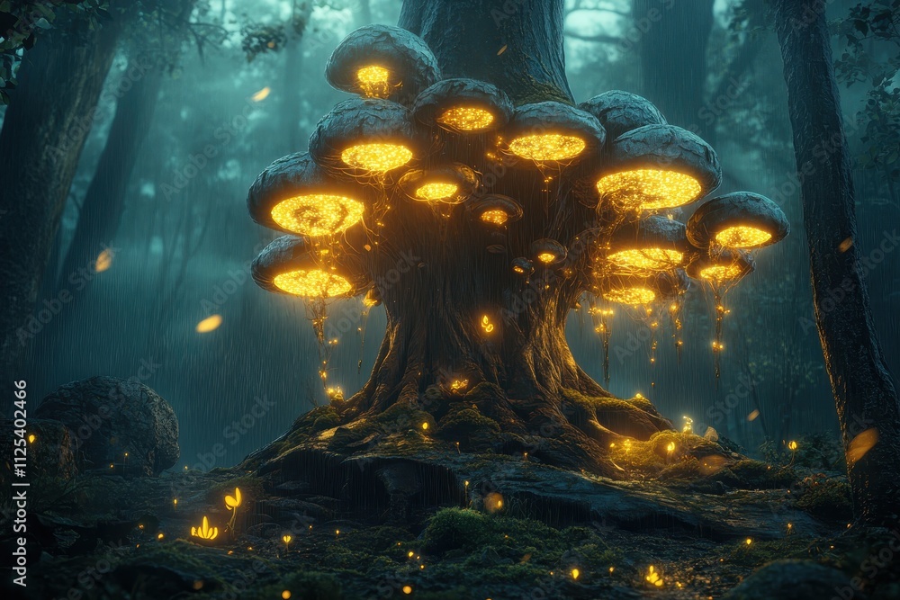 Obraz premium Magical glowing mushrooms on an ancient tree in an enchanted forest, creating a mystical and surreal atmosphere with warm light.