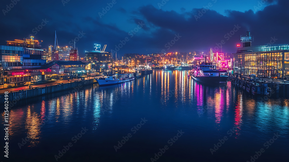 Fototapeta premium Night cityscape with colorful lights reflecting on calm water, harbor, boats, and buildings.