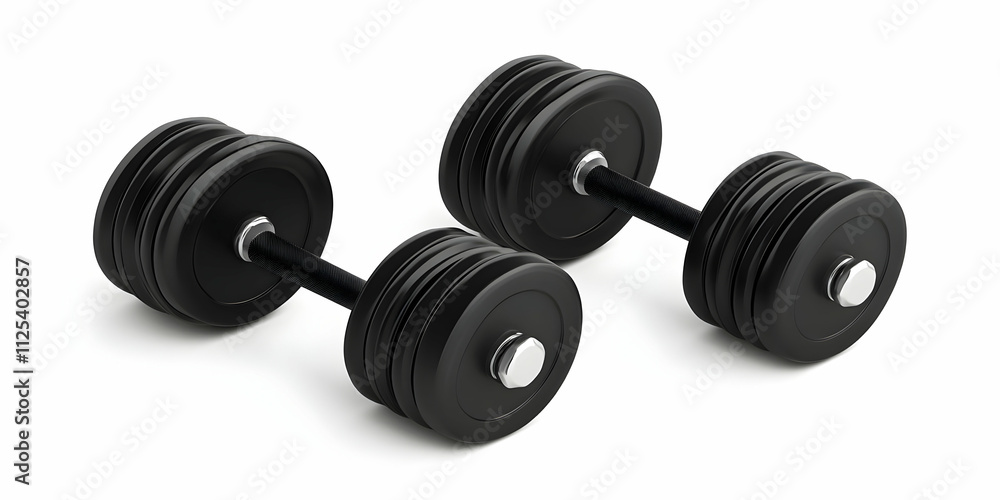 Realistic 3D illustration of two dumbbells with black rubber plates on a white background, ideal for use in digital product images or promotional materials. Realistic 3D illustration of two dumbbells with black rubber plates on a white background, ideal for use in digital product images or promotional materials.