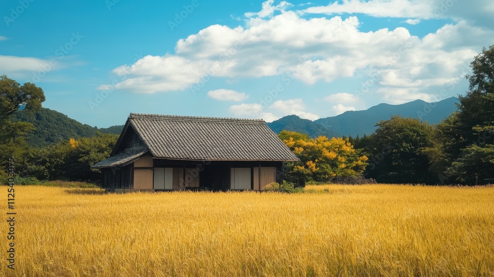 Tranquil Japanese Farmhouse in a Golden Field Tranquil Japanese Farmhouse in a Golden Field