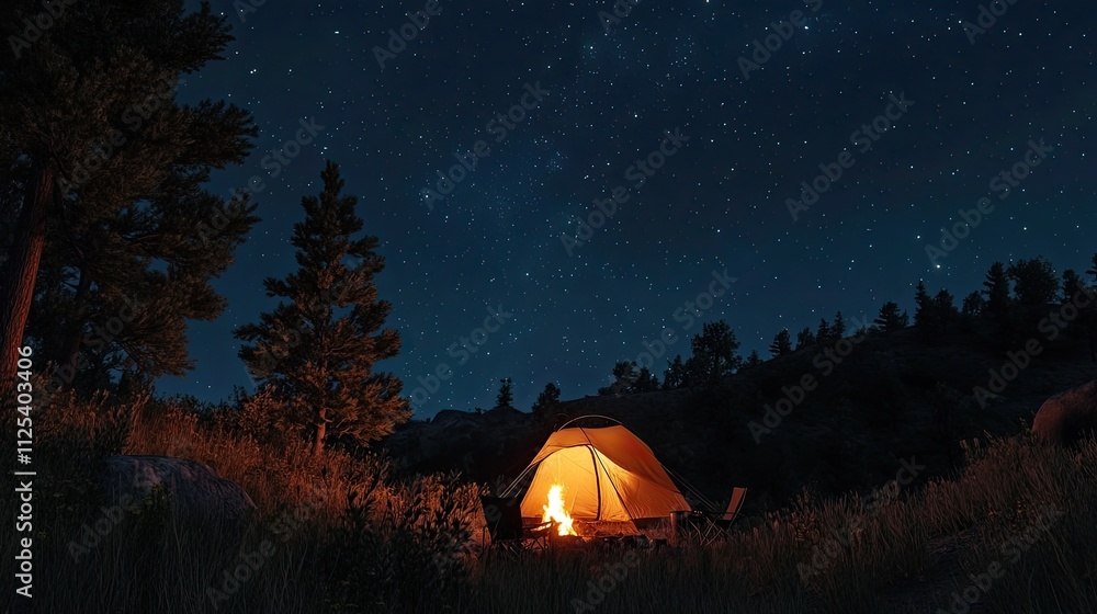 Campsite at night with tent, campfire, and starry sky. Campsite at night with tent, campfire, and starry sky.