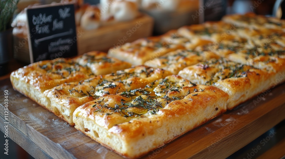 Freshly baked focaccia bread topped with herbs sits on a wooden display in a bustling bakery. The warm aroma fills the air as customers line up to enjoy their morning treats. Freshly baked focaccia bread topped with herbs sits on a wooden display in a bustling bakery. The warm aroma fills the air as customers line up to enjoy their morning treats.