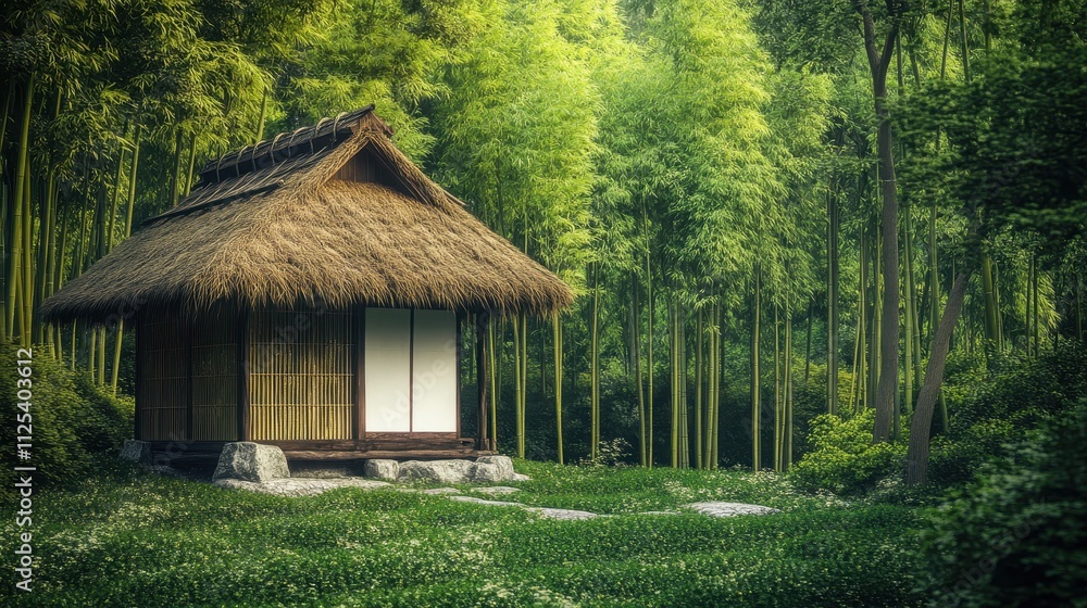 Tranquil Japanese Hut Surrounded by Lush Bamboo Grove Tranquil Japanese Hut Surrounded by Lush Bamboo Grove