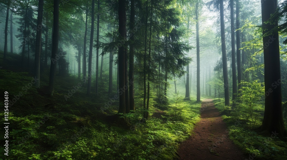 Obraz premium Misty forest path through tall trees.