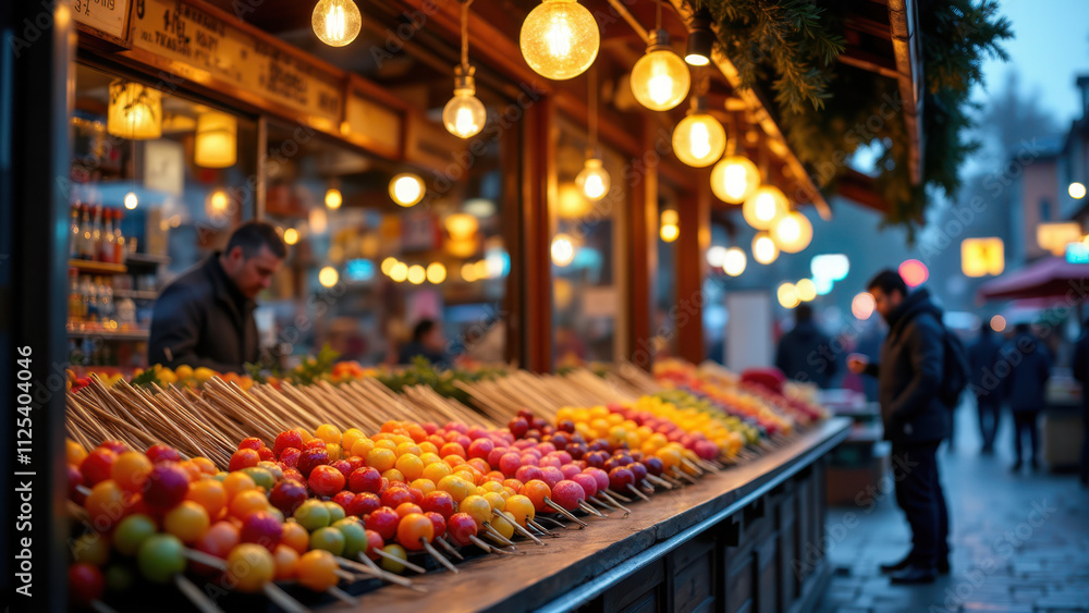 A vibrant street market with a selection of tang hulu fruit skewers under warm lights. A vibrant street market with a selection of tang hulu fruit skewers under warm lights.