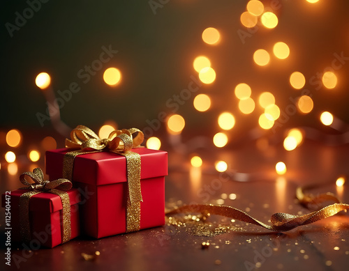 Brighten up your holiday season with a festive Christmas background featuring sparkling lights, realistic gifts, and glittery gold confetti._00001_ photo