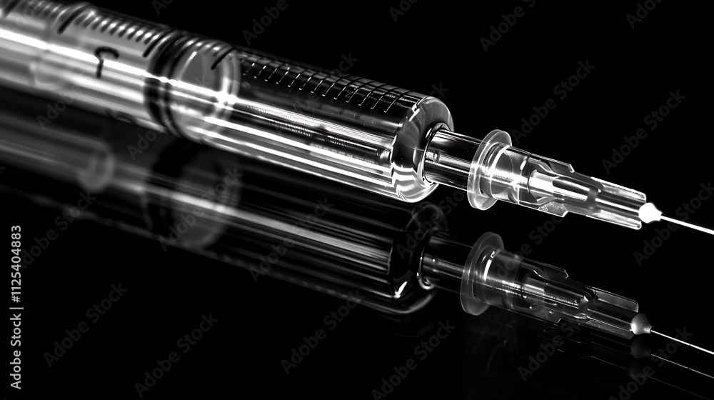 : A syringe with a capped needle lying on a solid black background : A syringe with a capped needle lying on a solid black background