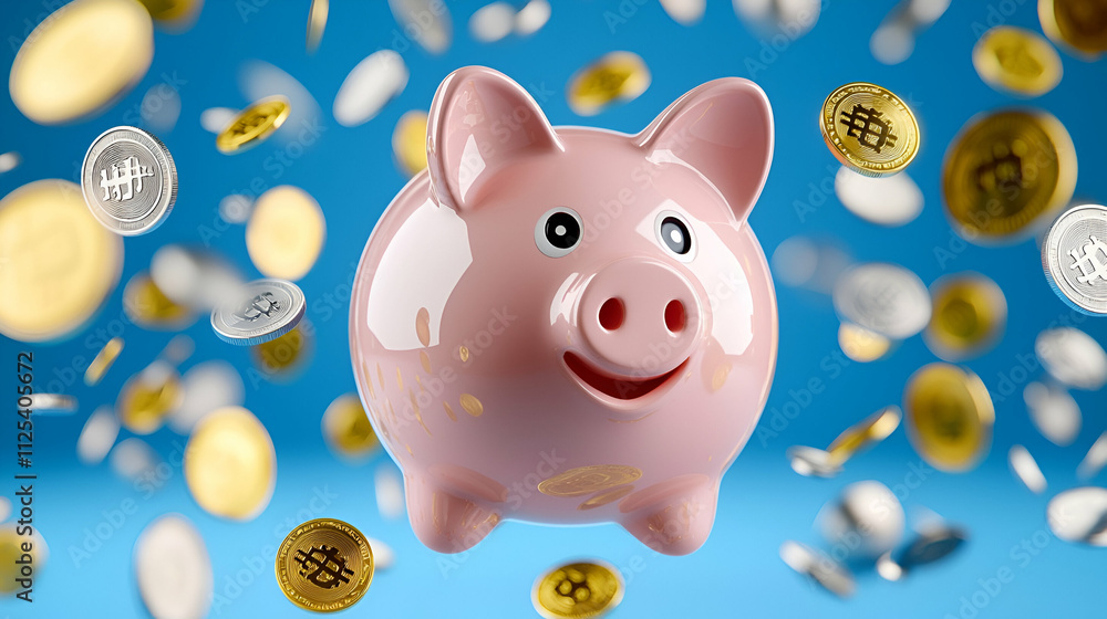 A cheerful piggy bank surrounded by floating coins, symbolizing savings and financial growth in a vibrant blue background. A cheerful piggy bank surrounded by floating coins, symbolizing savings and financial growth in a vibrant blue background.