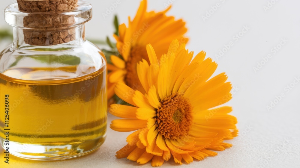 Promotional photo of pure calendula oil with golden shades and a subtle warm aroma. Oil in a transparent bottle, next to calendula flowers. Promotional photo of pure calendula oil with golden shades and a subtle warm aroma. Oil in a transparent bottle, next to calendula flowers.