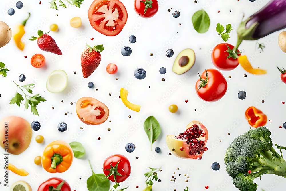 Fresh vegetables and fruits on white background. Healthy eating concept Fresh vegetables and fruits on white background. Healthy eating concept