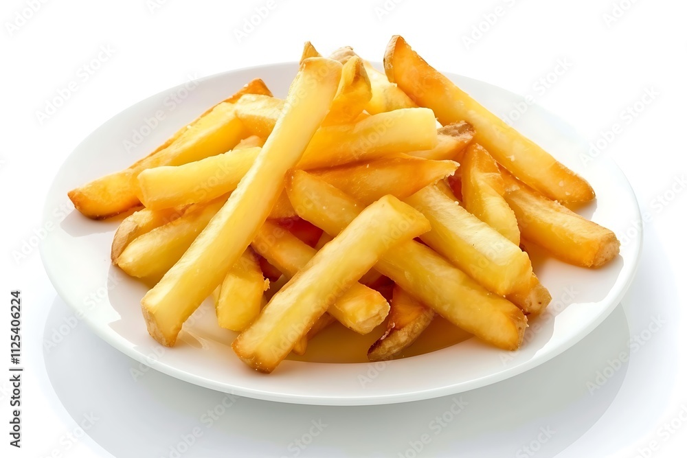 Golden French fries potatoes on a white plate isolated on white background. Golden French fries potatoes on a white plate isolated on white background.