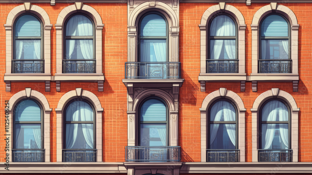 Classic arched windows on red brick wall with curtains and blinds, city reflection in glass. Cartoon vector illustration of apartment building facade. Urban architecture background. Real estate Classic arched windows on red brick wall with curtains and blinds, city reflection in glass. Cartoon vector illustration of apartment building facade. Urban architecture background. Real estate