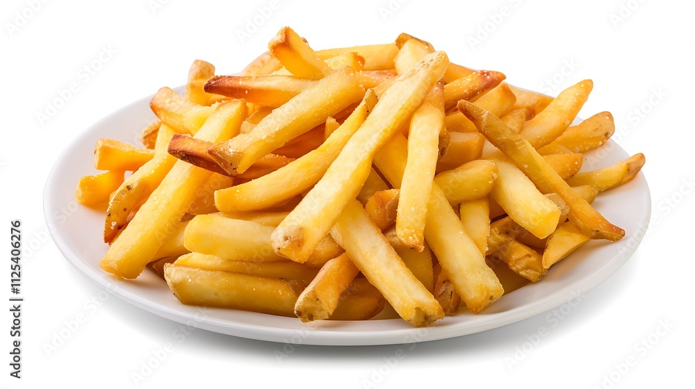Golden French fries potatoes on a white plate isolated on white background. Golden French fries potatoes on a white plate isolated on white background.