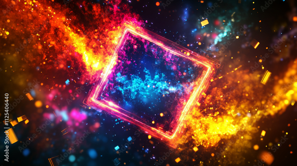 3d hologram square neon light effect game portal. Technology metaverse cube stage frame for scifi teleport concept in pink, yellow, purple and red. Abstract vr interface vector magic hud gate 3d hologram square neon light effect game portal. Technology metaverse cube stage frame for scifi teleport concept in pink, yellow, purple and red. Abstract vr interface vector magic hud gate