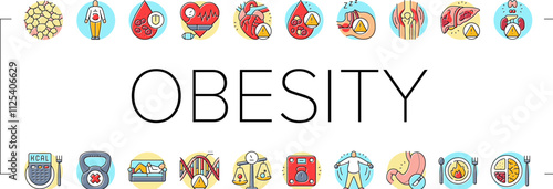 obesity overweight fat obese icons set vector. weight body, woman belly, diet lifestyle, health person, loss healthy, fit obesity overweight fat obese color line illustrations