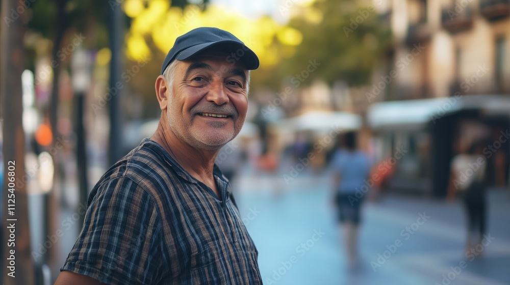 Man wearing a hat and a striped shirt is smiling Man wearing a hat and a striped shirt is smiling