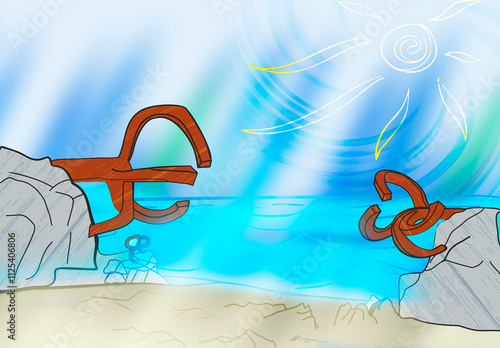 Illustration of an anchor on the seashore in the summer photo