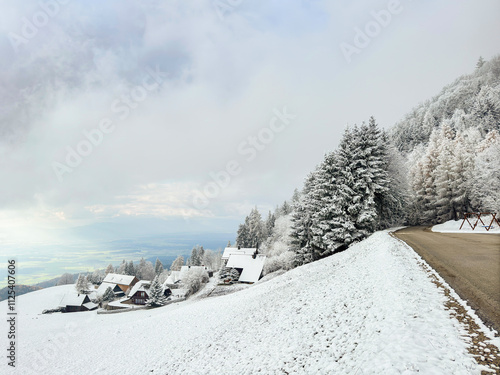 winter scene of snowy mountain village. lonely house. no people. winter background. winter aesthetic. snowy background. Christmas atmosphere photo