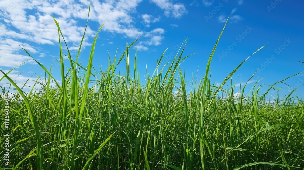 Obraz premium Vibrant Grass Emerging in Sunlit Field: A Low Angle Perspective of Nature's Resilience